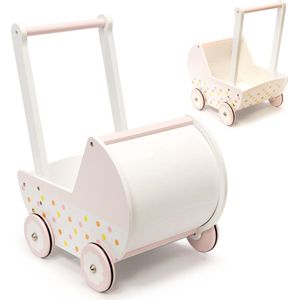 Poppenbuggy - Poppenwagen Hout - Houten Kinderwagen in Retrostijl - Roze