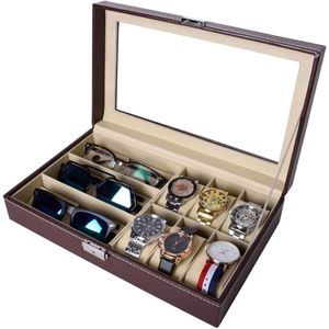 Horloge- en brillendoos voor 6 horloges en 3 brillen - Bruin PU-leer met glazen venster