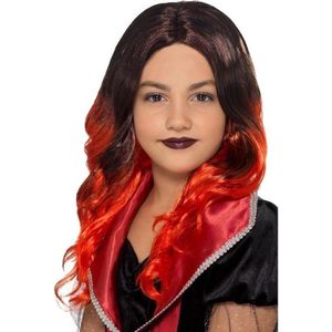 Halloween Lange zwart met rode meisjespruik met krullen