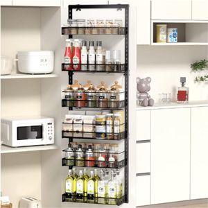 Deurrek Met 6 Niveaus - Verstelbaar Voorraadrek - Deurorganizer Met Haken Voor Elk Niveau - Metalen Kruidenhangrek Voor Keuken - Voorraadkast - Badkamer - Zwart