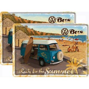 2 Ansichtkaarten inklusief 2 Enveloppen (Set van 2) Ready for the Summer met Volkswagen Bus gemaakt van Blik met Emaille Cadeau-Tip Retro Briefkaart Wenskaart Vintage