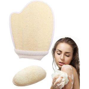 Allecto Plus - Peeling handschoenen van katoen en linnen voor poriënreiniging en lichaamscrub - 2 stuks inclusief handdoek