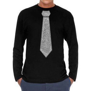 Bellatio Decorations Verkleed shirt heren - stropdas glitter zilver - zwart - carnaval - longsleeve M