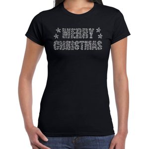 Glitter kerst t-shirt zwart Merry Christmas glitter steentjes/ rhinestones voor dames - Glitter kerst shirt/ outfit S