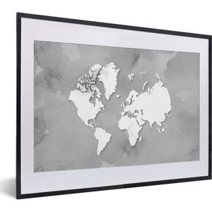 Fotolijst incl. Poster Zwart Wit- Ronde en witte wereldkaart op een grijze achtergrond - zwart wit - 40x30 cm - Posterlijst