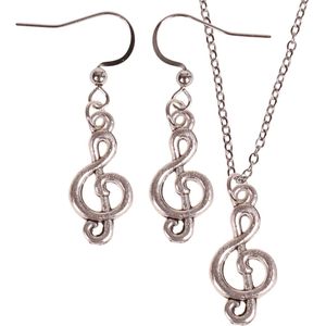 Set - Ketting 55cm - Zilverkleurige Oorbellen - Hangertje Muzieksleutel zilverkleurig 2cm