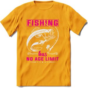 Fishing Has No Age Limit - Vissen T-Shirt | Roze | Grappig Verjaardag Vis Hobby Cadeau Shirt | Dames - Heren - Unisex | Tshirt Hengelsport Kleding Kado - Geel - XL