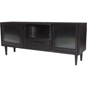 by Mooss - Wandmeubel - Rome - TV kast - Zwart - Hout - Retro - Vintage - Mid-Century - Deuren - Lades - Nis - Ribbelglas - Kast