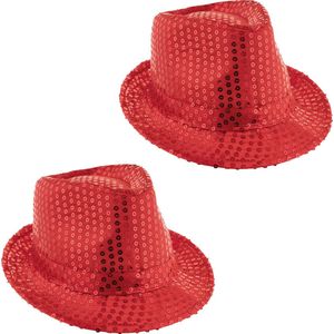 Toppers - Funny Fashion Carnaval verkleed Trilby hoedje met glitter pailletten - 2x - rood - heren/dames