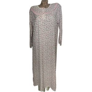 Dames Katoenen Nachthemd 130CM Lange Mouw 3004 Bloemenprint XL wit/roze