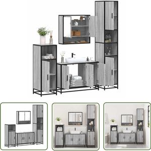 The Living Store 4-delige Badkamermeubelset bewerkt hout grijs sonoma eikenkleur - Badkamermeubel - Badkamerspiegel - Wastafelkast - Badkamerkasten - Badkamerinrichting