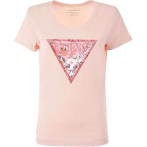 Guess SS RN Satin Triangle Tee Dames T-Shirt - Wanna Be Pink - Maat S