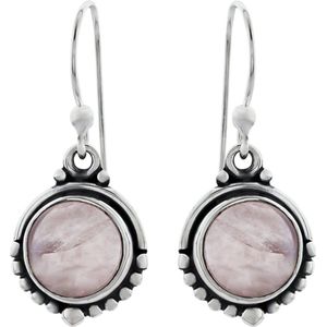 Zilveren oorbellen met hanger dames | Zilveren oorhangers, ronde rozenkwarts steen met bolletjes