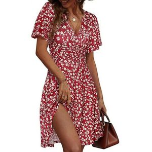 Jurk bloemenprint voor dames - Korte mouwen - Wikkeljurk met V-hals en A-lijn - Midi jurk - L