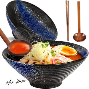 Mrs. Jones Sosayet Ramen Kom keramiek servies Japanse kom servies voor salade muesli - set van 2 kommen met lepel en eetstokjes - antislip - 1000 ml - 20 x 20 x 8 cm .
