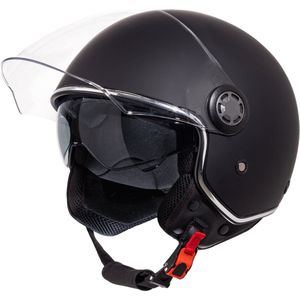 VINZ Pavia Helm Scooter met zonnevizier / Jethelm / Brommer Helm / Motorhelm / Scooterhelm Retro / Snorfiets helm / Snorscooter helm - Geschikt Voor Helmplicht Blauw Kenteken - Mat Zwart