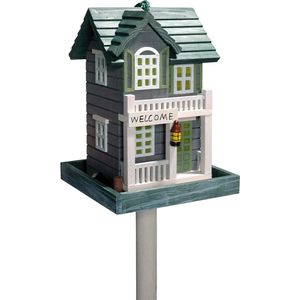 Kleurrijk vogelvoederhuis ""Welcome"" - vogelhuis inclusief standaard Western Style - kleine vogelvilla van hout - vogelvoederstation met voedersilo - 18 x 18 x 123 cm - groen