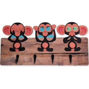 Kinderkapstok Aapjes - Kinderkamer - 4 Haken - 40 cm - Babykameraccessoires - Leuke apen - Zwart - Wandkapstok - Met bevestigingsmateriaal