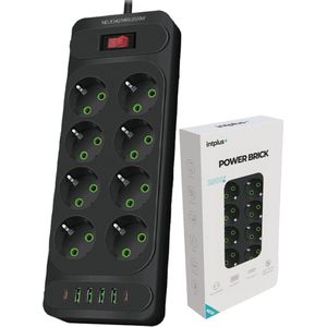 intplus+ Power Brick - 3 Meter Stekkerdoos met USB en Schakelaar - 8 Stopcontacten en 6 USB-Poorten – 4x USB-A en 2x USB-C, Snelladen, Overspanningsbeveiliging, Kinderveilig – 2500W - Zwart