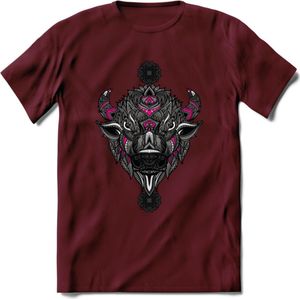 Bizon - Dieren Mandala T-Shirt | Roze | Grappig Verjaardag Zentangle Dierenkop Cadeau Shirt | Dames - Heren - Unisex | Wildlife Tshirt Kleding Kado | - Burgundy - M