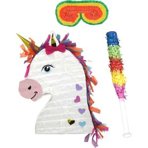 Funny Fashion - Verjaardag Pinata Unicorn/eenhoorn - 42 x 30 cm - set met stok en masker