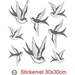 Raam  sticker vrolijke Zwaluwen  8 stuks  ( vogels )  Kleur Grijs