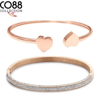 CO88 Collection 8CO-SET102 Stalen Sieraden Set - Dames - 2 Armbanden - Bangles - Kristal - Hartjes - One size (58 x 49 x 4 mm) - Staal - Rosegoudkleurig