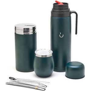 Complete Yerba Mate Set – moderne Mate Kalebas, Thermoskan, Yerba-container, twee pompons en schoonmaakborstel inbegrepen – alles premium kwaliteit 304 18/8 roestvrij staal (GOUD)