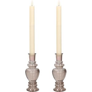 Kaarsen kandelaar Venice - 2x - gekleurd glas - ribbel grijs smoke - D5,7 x H15 cm
