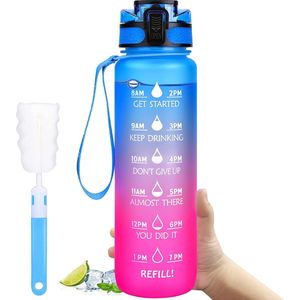 Drinkfles, 1 liter, lekvrij, sportfles, BPA-vrij, tritaan, fietsfles met tijdmarkering, roze en blauw, kleurverloop voor camping, outdoor, yoga, gym, school, fiets