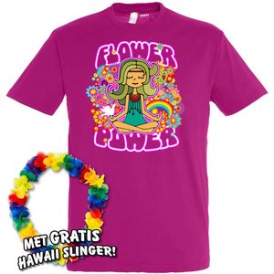 T-shirt Hippie Girl Meditation Flower Power | Toppers in Concert 2022 | Carnaval | Carnavalskleding dames heren | Fuchsia | maat XS