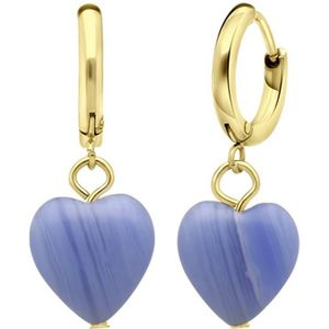 Lucardi Dames Goldplated oorbellen met hart blauwe agaat - Oorbellen - Cadeau - Moederdag - Staal - Goudkleurig