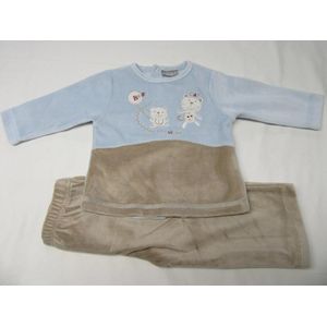 Wiplala - Pyjama - Velour - 2 delig - Blauw met beige - Beer& kat -  1 maaand 56