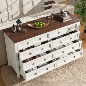 Steven kast, witte sideboard, eetkamerschrank in vintage-stijl, met aluminium schubladenhandvatten, walnootkleurige werkblad, voor slaapkamer, woonkamer, 8 ruime schubladen