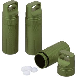 Relaxdays pillenkoker set van 3 - waterdichte capsule - reis pillendoosje - sleutelhanger - groen