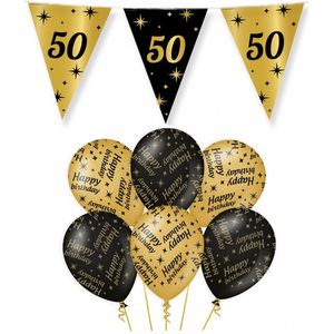 50 jaar verjaardag versiering pakket zwart/goud vlaggetjes/ballonnen