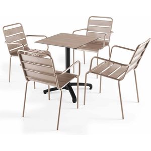 Oviala - Licht eiken 60x60 cm verstelbare tafel met 4 taupe fauteuils
