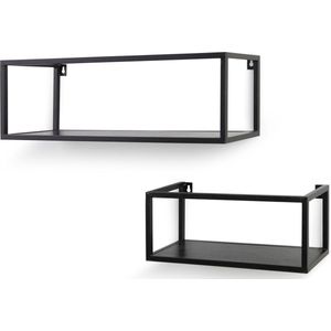 Lifa Living - Wandrek Madrid - Set van 2 - Metaal en Hout - Zwart - Industrieel - 37 x 15 x 15 cm - 57 x 18 x 18 cm - Max. Capaciteit 2 kg