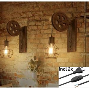 Industriële wandlamp 2x met stekker - Ijzeren vintage retro katrol wandlamp - Kooi design - Verlichting - Geschikt voor bar, café, horeca - wandlamp binnen - Woonkamer - Keuken - Eetkamer