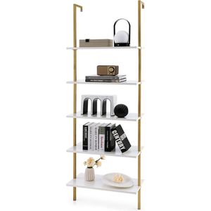 Ladderrek met 5 niveaus, boekenkast met goudkleurig metalen frame, modern staand rek, voor thuiskantoor, woonkamer, 60 x 30 x 180 cm (wit)