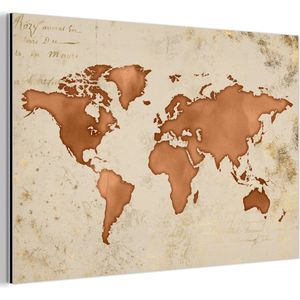 Wanddecoratie Metaal - Aluminium Schilderij Industrieel - Wereldkaart - Papyrus - Koper - 60x40 cm - Dibond - Foto op aluminium - Industriële muurdecoratie - Voor de woonkamer/slaapkamer