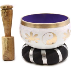 Yin Yang Klankschaal Set - Wit Paars - 10.7cm - Singing Bowl - Klank Schaal - Meditatie Schaal met Aanstrijkhout & Kussen