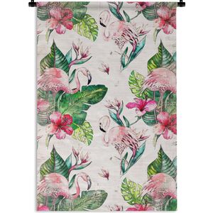 Wandkleed FlamingoKerst illustraties - Patroon van roze flamingo's en bladeren en bloemen tegen een achtergrond van kranten Wandkleed katoen 60x90 cm - Wandtapijt met foto