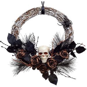 Halloween rotankrans - stijlvolle feestdecoratie met schedel, spinnen en rozen - perfect voor voordeur en tuin - goud, bruin, zwart, 35 x 35 x 7 cm