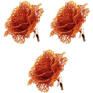 Oranje kanten glitter roos op clip 10 cm - Feestversiering/decoratie