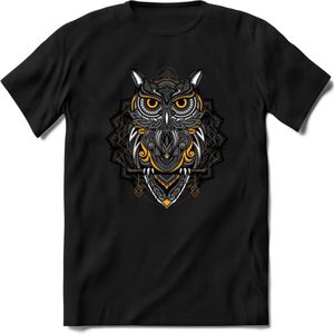 Uil - Dieren Mandala T-Shirt | Geel | Grappig Verjaardag Zentangle Dierenkop Cadeau Shirt | Dames - Heren - Unisex | Wildlife Tshirt Kleding Kado | - Zwart - XXL