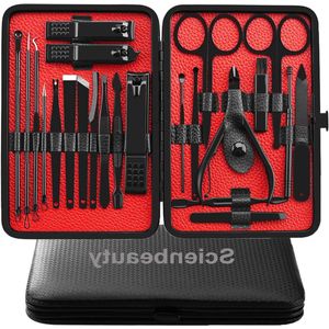 23-in-1 Professionele Nagelknipper Kit voor Mannen - Roestvrijstalen Pedicurekit met Lederen Reisetui (Zwart/Rood)