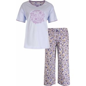 Tenderness Dames gebloemde 3/4 Shortama Pyjama Set - 100% Gekamde Katoen - Licht Blauw - Maat M
