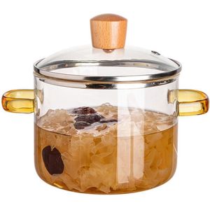 Glazen pan van 1,5 liter om te koken, hittebestendige transparante glazen soeppan met dubbele handgreep en deksel, stoofpan met afgedekt deksel, dubbele handgreep