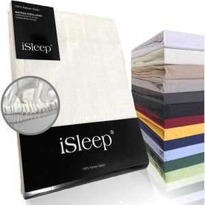 iSleep Katoen-Satijnen Hoeslaken - Hoge Hoek - Rondom Elastiek - Tweepersoons - 140x200+40 cm - Licht Beige
